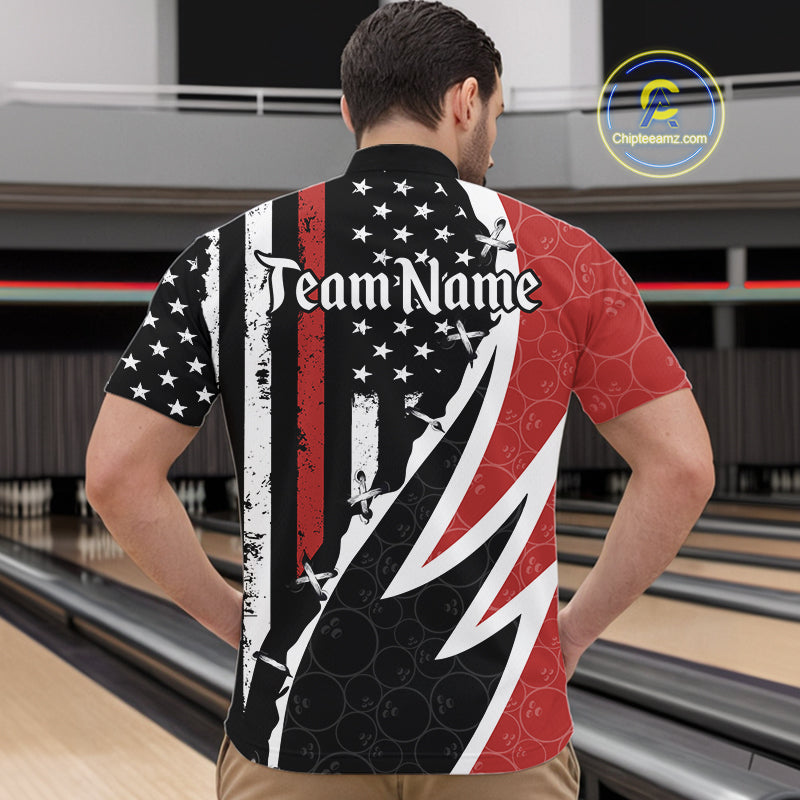 Red, White and Black American Flag Bowling Shirts for Men Custom Patriotic Team Bowling Jersey NQS10429