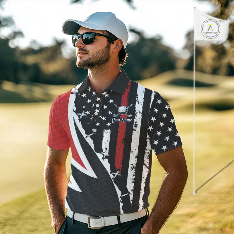 Red, White and Black American Flag Mens Golf polo shirts Custom Patriotic Team Golf attire for men NQS10430