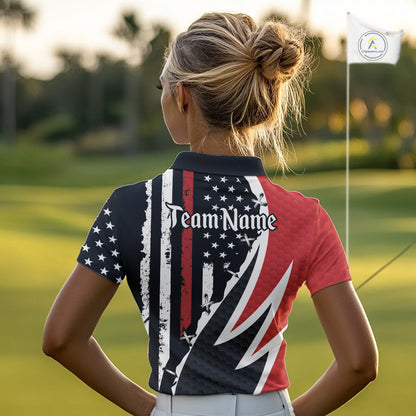 Red, White and Black American Flag Women Golf polo shirt Custom Patriotic Team Golf attire for ladies NQS10430