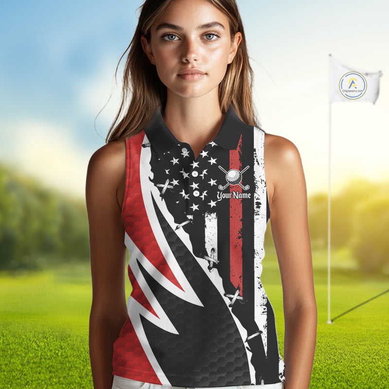 Red, White and Black American Flag Sleeveless polo shirt Custom Patriotic Team Golf attire for ladies NQS10430