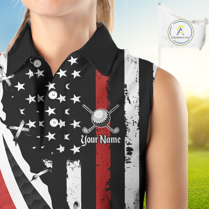 Red, White and Black American Flag Sleeveless polo shirt Custom Patriotic Team Golf attire for ladies NQS10430