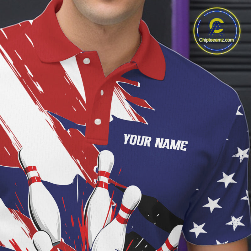 Red, White and Blue American flag Bowling Shirts for Men Custom Patriotic Bowling Team Outfit Uniform NQS10431