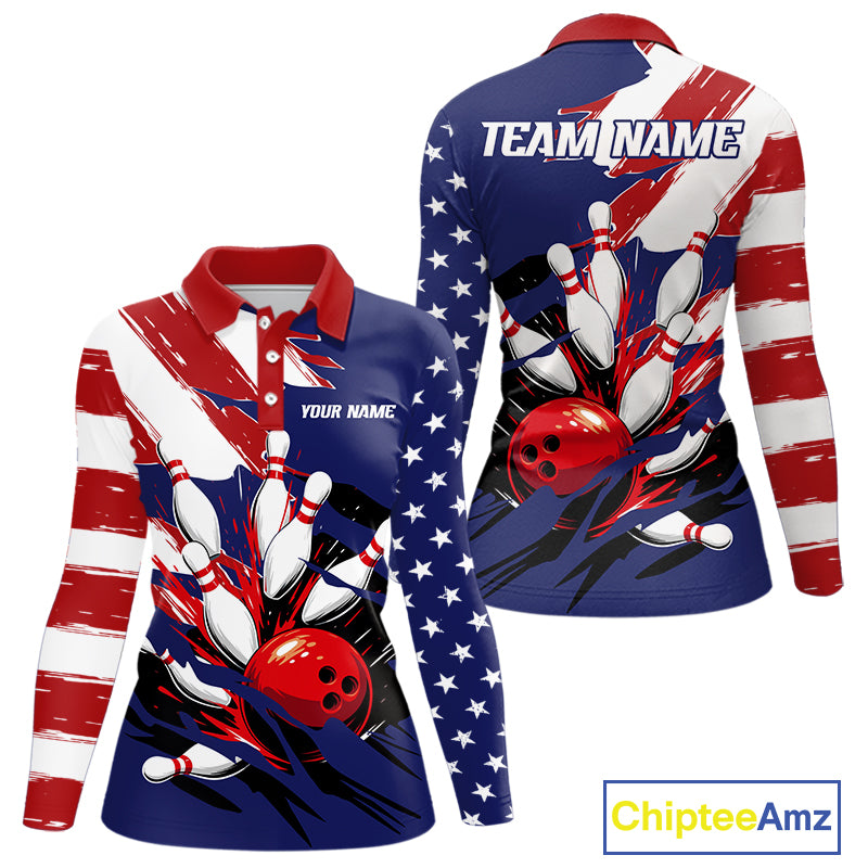 Red, White and Blue American flag Bowling Shirts for Women Custom Patriotic Bowling Team Outfit NQS10431