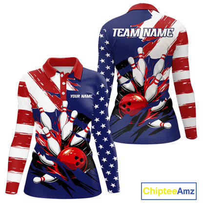 Red, White and Blue American flag Bowling Shirts for Women Custom Patriotic Bowling Team Outfit NQS10431