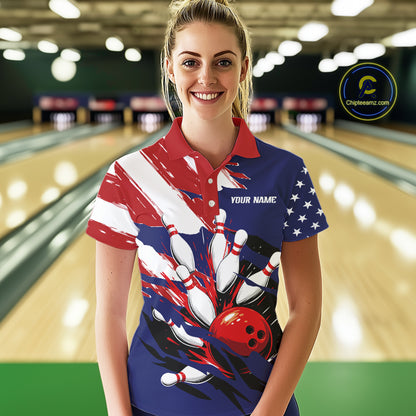 Red, White and Blue American flag Bowling Shirts for Women Custom Patriotic Bowling Team Outfit NQS10431