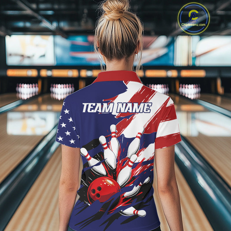 Red, White and Blue American flag Bowling Shirts for Women Custom Patriotic Bowling Team Outfit NQS10431
