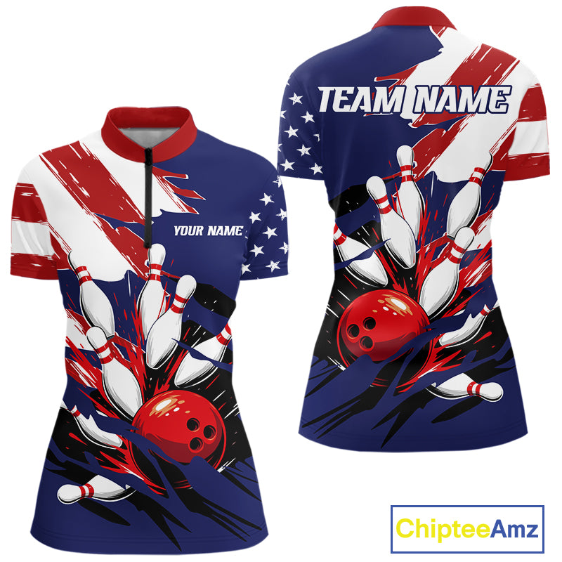 Red, White and Blue American flag Bowling Shirts for Women Custom Patriotic Bowling Team Outfit NQS10431