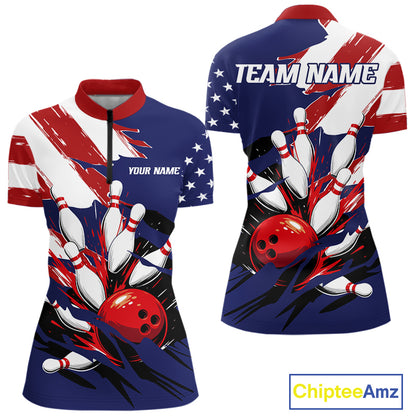 Red, White and Blue American flag Bowling Shirts for Women Custom Patriotic Bowling Team Outfit NQS10431