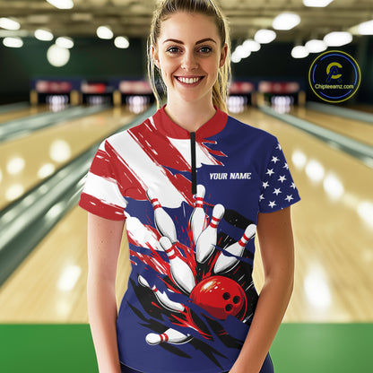 Red, White and Blue American flag Bowling Shirts for Women Custom Patriotic Bowling Team Outfit NQS10431