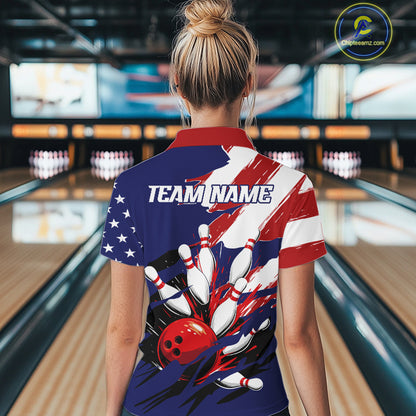 Red, White and Blue American flag Bowling Shirts for Women Custom Patriotic Bowling Team Outfit NQS10431