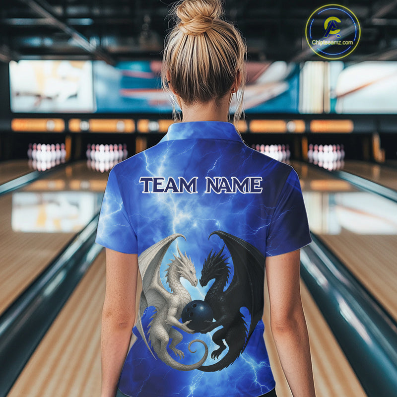 Black & White Dragon Blue Lightning Thunder Custom Bowling Shirt For Women, Dragon Bowling Team Shirt NQS10627