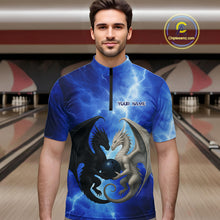 Load image into Gallery viewer, Black And White Dragon Blue Lightning Thunder Custom Bowling Shirt For Men, Dragon Bowling Team Shirt NQS10627