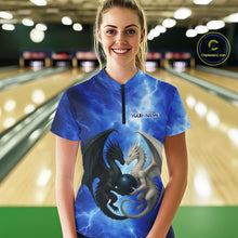 Load image into Gallery viewer, Black &amp; White Dragon Blue Lightning Thunder Custom Bowling Shirt For Women, Dragon Bowling Team Shirt NQS10627