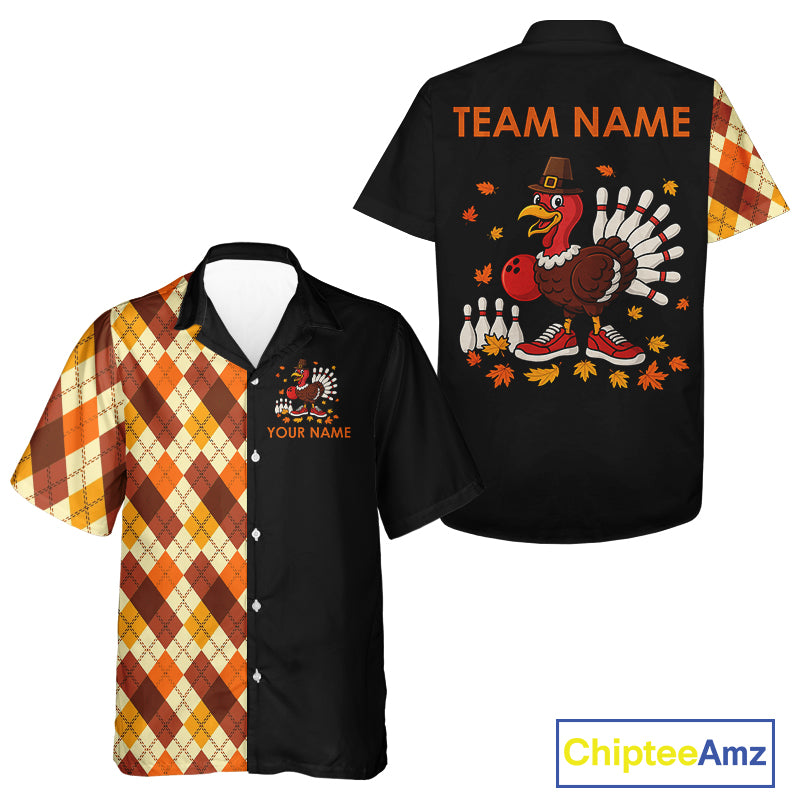 Funny Bowling Turkey Thanksgiving Bowling Hawaiian Shirt argyle pattern Custom Team Bowling Shirts NQS10848
