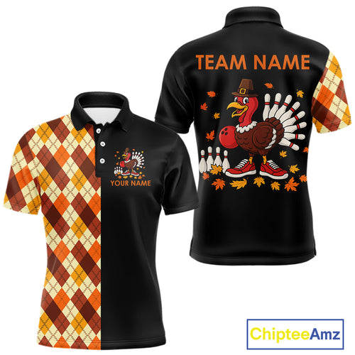 Funny Bowling Turkey Thanksgiving Mens Bowling Shirt Orange argyle pattern Custom Team Bowling Jersey NQS10848