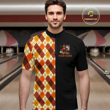 Load image into Gallery viewer, Funny Bowling Turkey Thanksgiving Mens Bowling Shirt Orange argyle pattern Custom Team Bowling Jersey NQS10848