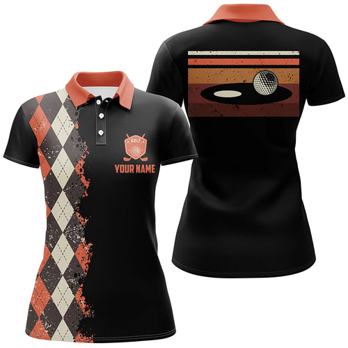 Vintage argyle plaid pattern black custom Womens golf polo shirt, golf tops for ladies NQS6825