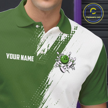 Custom Green and White Strike Bowling Shirts Men Polo, Quarter Zip Bowling Team Jersey Bowling League NQS11037