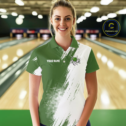 Custom Green and White Strike Bowling Shirts Women Polo, 1/4 Zip Bowling Team Jerseys Bowling League NQS11037