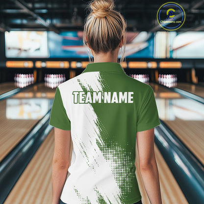 Custom Green and White Strike Bowling Shirts Women Polo, 1/4 Zip Bowling Team Jerseys Bowling League NQS11037
