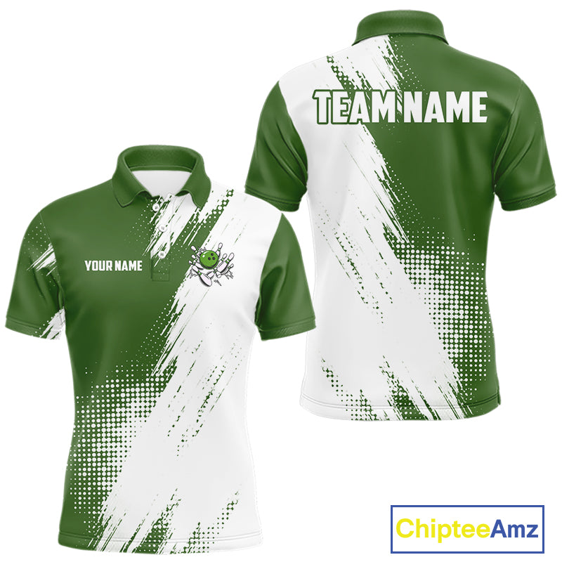 Custom Green and White Strike Bowling Shirts Men Polo, Quarter Zip Bowling Team Jersey Bowling League NQS11037