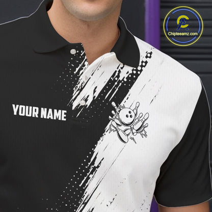 Custom Black and White Strike Bowling Shirts Men Polo, Quarter Zip Bowling Team Jersey Bowling League NQS11038