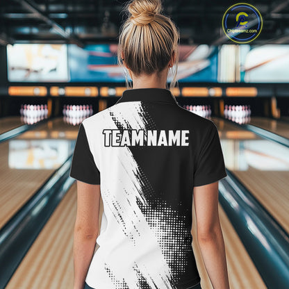 Custom Black and White Strike Bowling Shirts Women Polo, 1/4 Zip Bowling Team Jerseys Bowling League NQS11038