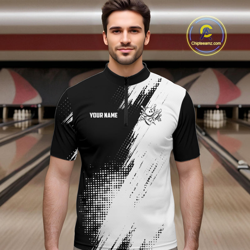 Custom Black and White Strike Bowling Shirts Men Polo, Quarter Zip Bowling Team Jersey Bowling League NQS11038