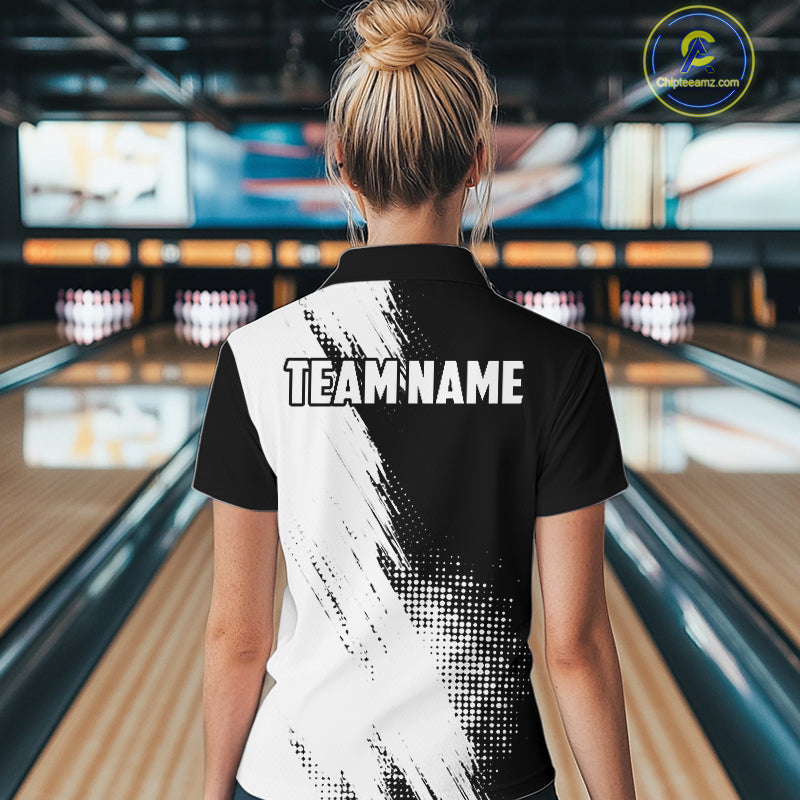 Custom Black and White Strike Bowling Shirts Women Polo, 1/4 Zip Bowling Team Jerseys Bowling League NQS11038