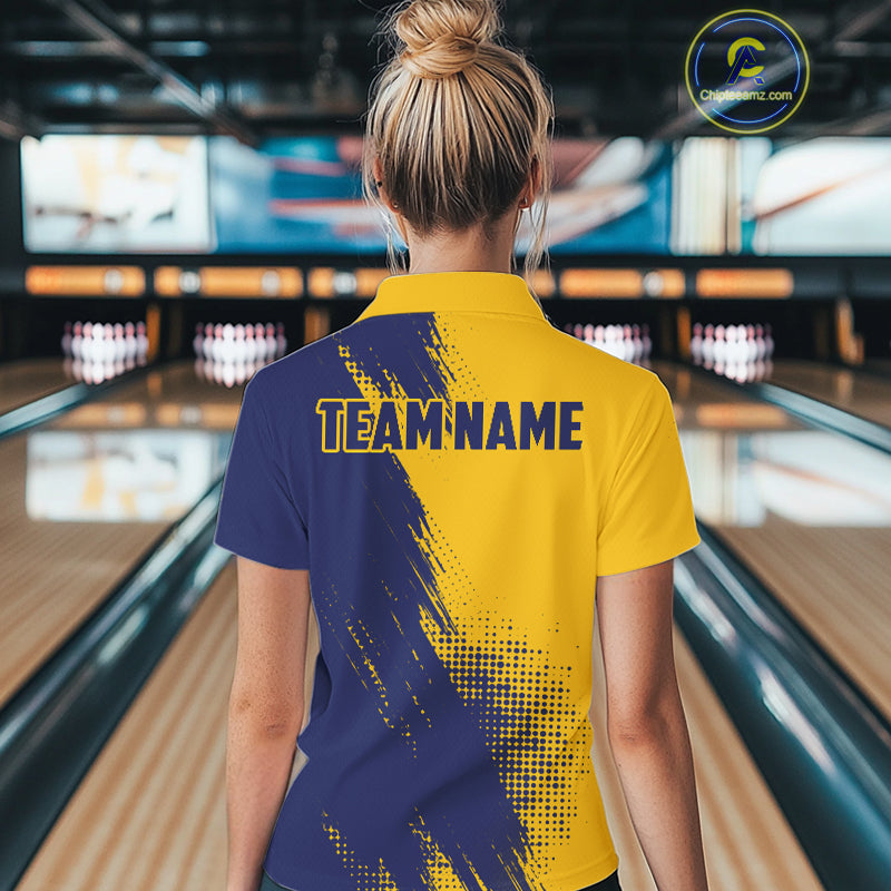 Custom Blue and Yellow Strike Bowling Shirts Women Polo, 1/4 Zip Bowling Team Jerseys Bowling League NQS11039