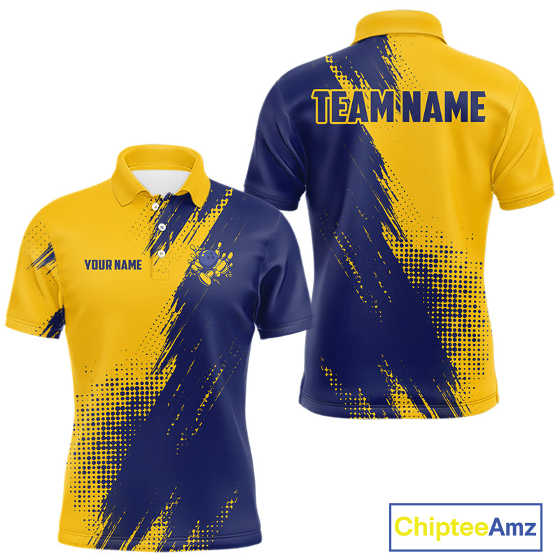 Custom Blue and Yellow Strike Bowling Shirts Men Polo, Quarter Zip Bowling Team Jersey Bowling League NQS11039