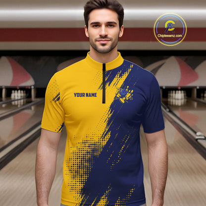 Custom Blue and Yellow Strike Bowling Shirts Men Polo, Quarter Zip Bowling Team Jersey Bowling League NQS11039