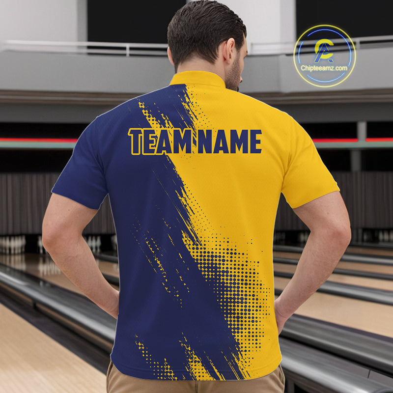 Custom Blue and Yellow Strike Bowling Shirts Men Polo, Quarter Zip Bowling Team Jersey Bowling League NQS11039