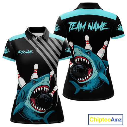 Funny Cyan Blue Shark Women Bowling Polo, Quarter Zip Shirts Custom Team Shark Bowling Outfit Jersey NQS11042
