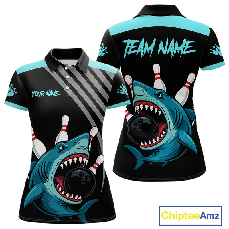Funny Cyan Blue Shark Women Bowling Polo, Quarter Zip Shirts Custom Team Shark Bowling Outfit Jersey NQS11042