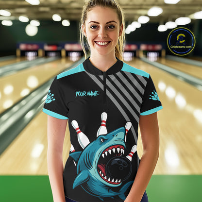 Funny Cyan Blue Shark Women Bowling Polo, Quarter Zip Shirts Custom Team Shark Bowling Outfit Jersey NQS11042