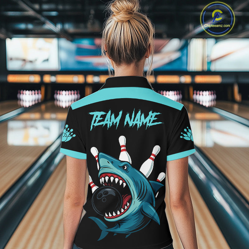 Funny Cyan Blue Shark Women Bowling Polo, Quarter Zip Shirts Custom Team Shark Bowling Outfit Jersey NQS11042