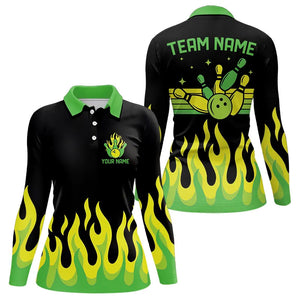 Black and Green Flame Retro Bowling Polo, Quarter Zip Shirt for Women Custom Bowling Team Jerseys NQS9156