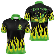 Load image into Gallery viewer, Black and Green Flame Retro Bowling Polo, Quarter Zip Shirt for Men Custom Bowling Team Jerseys NQS9156