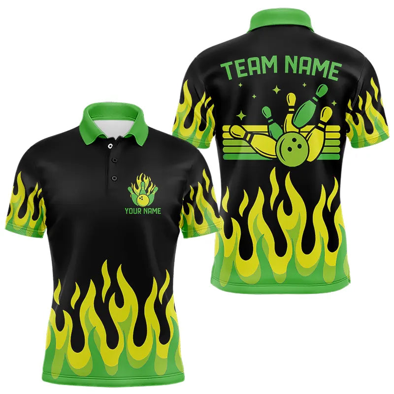 Black and Green Flame Retro Bowling Polo, Quarter Zip Shirt for Men Custom Bowling Team Jerseys NQS9156