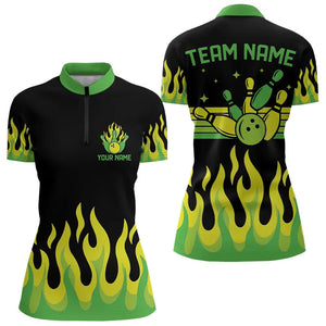 Black and Green Flame Retro Bowling Polo, Quarter Zip Shirt for Women Custom Bowling Team Jerseys NQS9156