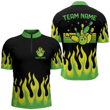 Load image into Gallery viewer, Black and Green Flame Retro Bowling Polo, Quarter Zip Shirt for Men Custom Bowling Team Jerseys NQS9156