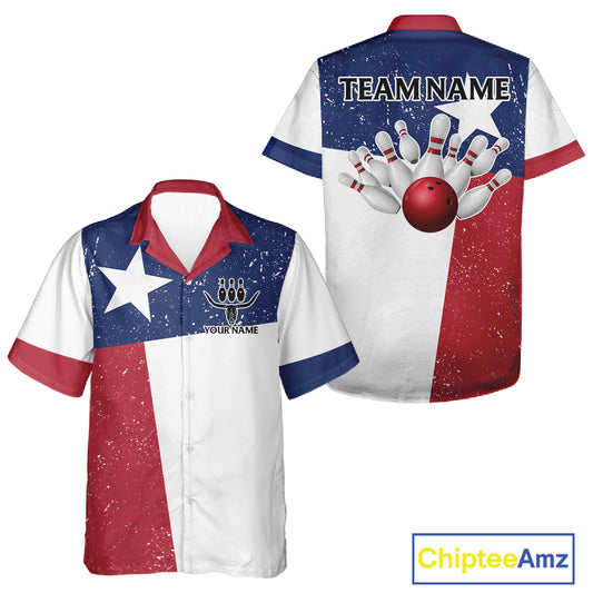 Grunge Texas Flag Bowling Hawaiian Shirt Custom patriotic Texas Team Bowling Button up shirt NQS11239