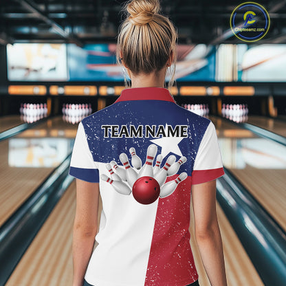 Grunge Texas Flag Bowling Polo, 1/4 Zip Shirts For Women Custom patriotic Texas Team Bowling Jerseys NQS11239