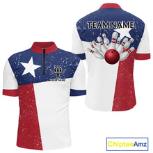 Load image into Gallery viewer, Grunge Texas Flag Bowling Polo, 1/4 Zip Shirts For Men Custom patriotic Texas Team Bowling Jerseys NQS11239