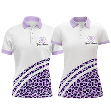 Load image into Gallery viewer, Purple leopard white matching golf shirt for couples custom his and her golf tops, unique golf gifts NQS9362