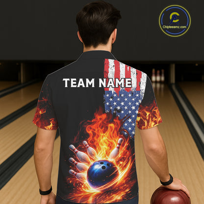 American Flag Flame bowling Hawaiian shirts Custom patriotic team bowling button-up shirts NQS11432