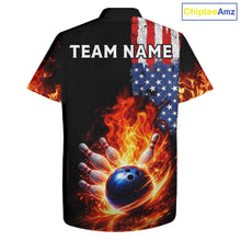 Load image into Gallery viewer, American Flag Flame bowling Hawaiian shirts Custom patriotic team bowling button-up shirts NQS11432