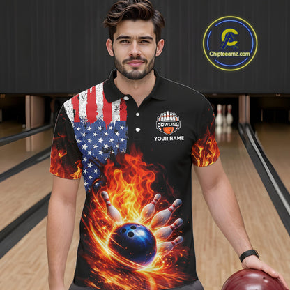 American Flag Flame bowling polo, quarter zip shirts for Men Custom patriotic team bowling jerseys NQS11432