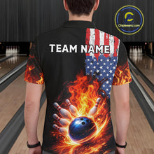 Load image into Gallery viewer, American Flag Flame bowling polo, quarter zip shirts for Men Custom patriotic team bowling jerseys NQS11432